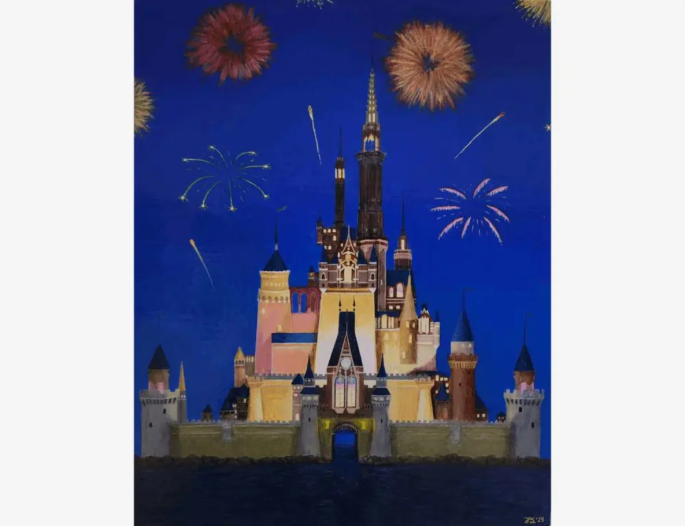 Illustration of a brightly lit fairytale castle at night with colorful fireworks in the sky.