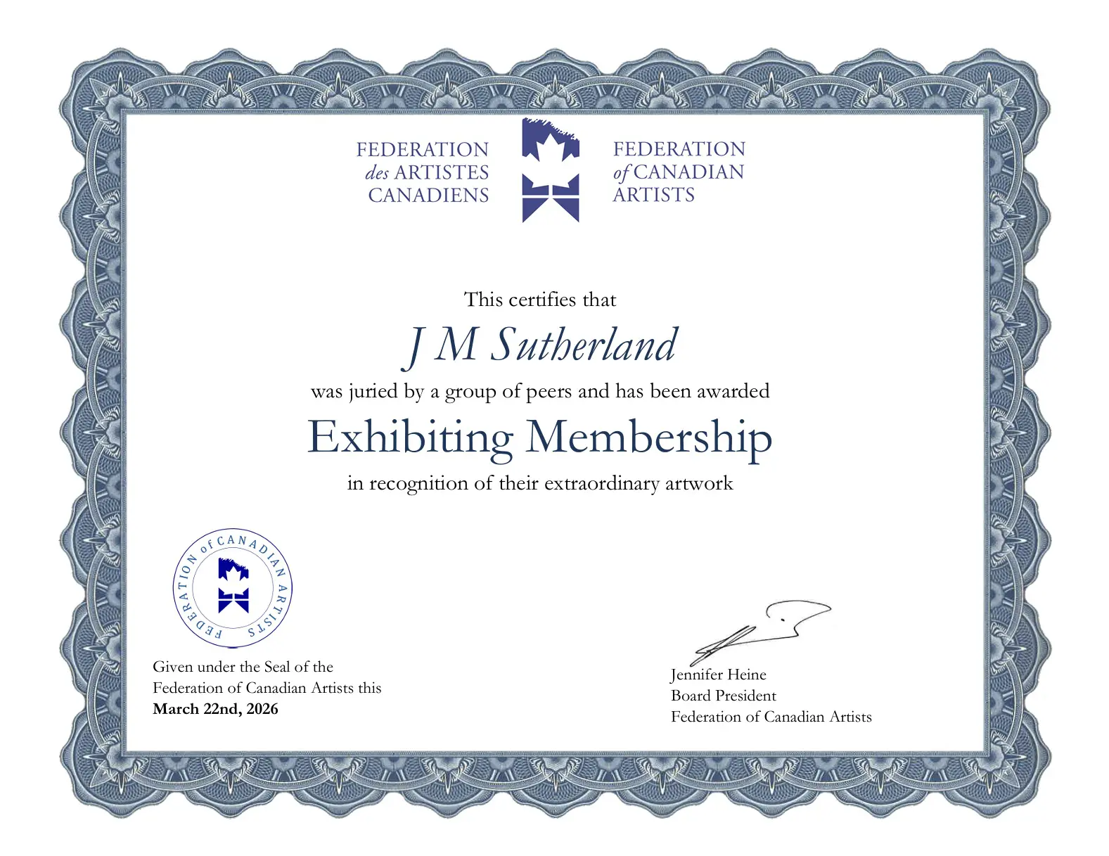 FCA Exhibiting Membership Status Certificate - Mar 2026